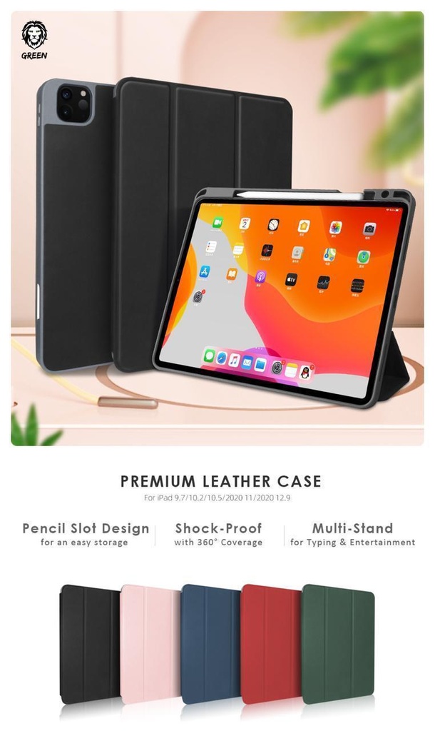 GREEN Premium Leather Case For ( iPad "12.9" 2020 - iPad mini 2019 - iPad "10.2" 2019 - iPad "9.7" 2018 - iPad Air "10.9" 2020 & iPad "11" 2020 )