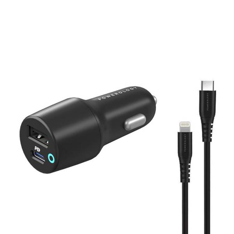 Powerology 32W/47W Ultra-Quick Fast Car Charger  USB-C-Lightning Cable included {0.9m/3ft}/{1.2m/4ft} Dual Port PD20W/35W | PCCSR004 |