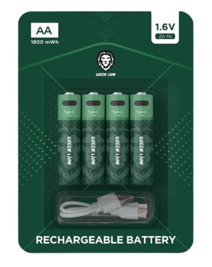 Green Lion Rechargeable AA Alkaline Battery | LED Charging Indicator | Charging Cable Included | GNRGBAA | 1800 mWh 1.6V