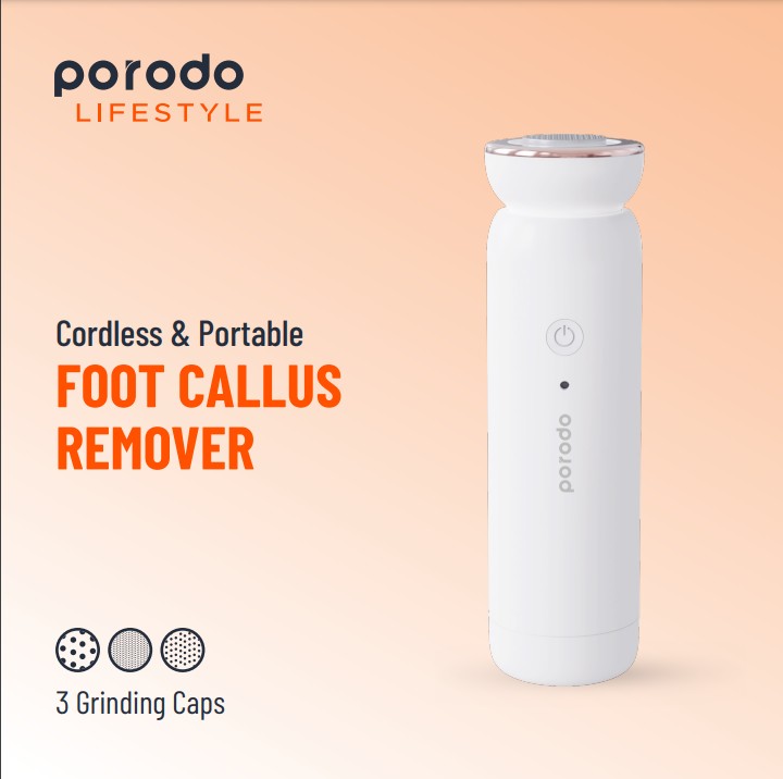 Porodo Cordless & Portable Foot Callus Remove | 3 Grinding Caps | 5 Speed Levels | Re-Chargeable Battery | PD-LSMFCR |