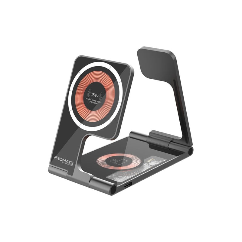 Promate 3 in 1 Ultra-Slim Transparent Foldable 15W MagSafe Compatible Wireless Charging Station | Ultra-Slim & Foldable Design | Strong Magnetic Hold | Fast Charging For iPhone & Airpods & iWatch | 2 Years Warranty | AuraFold-Trio |