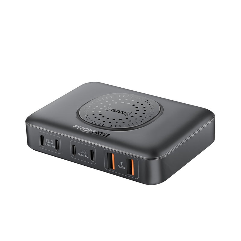 Promate GaNFast™ 100W Power Delivery Charging Station with 15W Wireless Charger | Universal Compatibility | Charge 7 Devices atThe Same Time | Ultra-Compact & Small Design | 2 Years Warranty | PowerBase-GaN100 |