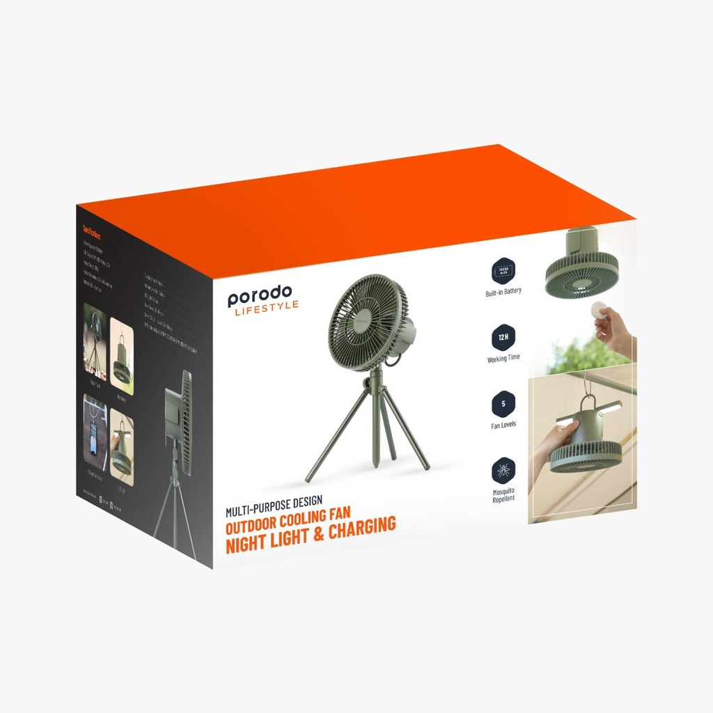Porodo Multi-Purpose Design Outdoor Cooling Fan Night Light & Charging | Built-in Battery | 12H Working Time | 5 Fan Levels | Mosquito Repellent | PD-LSCMF |