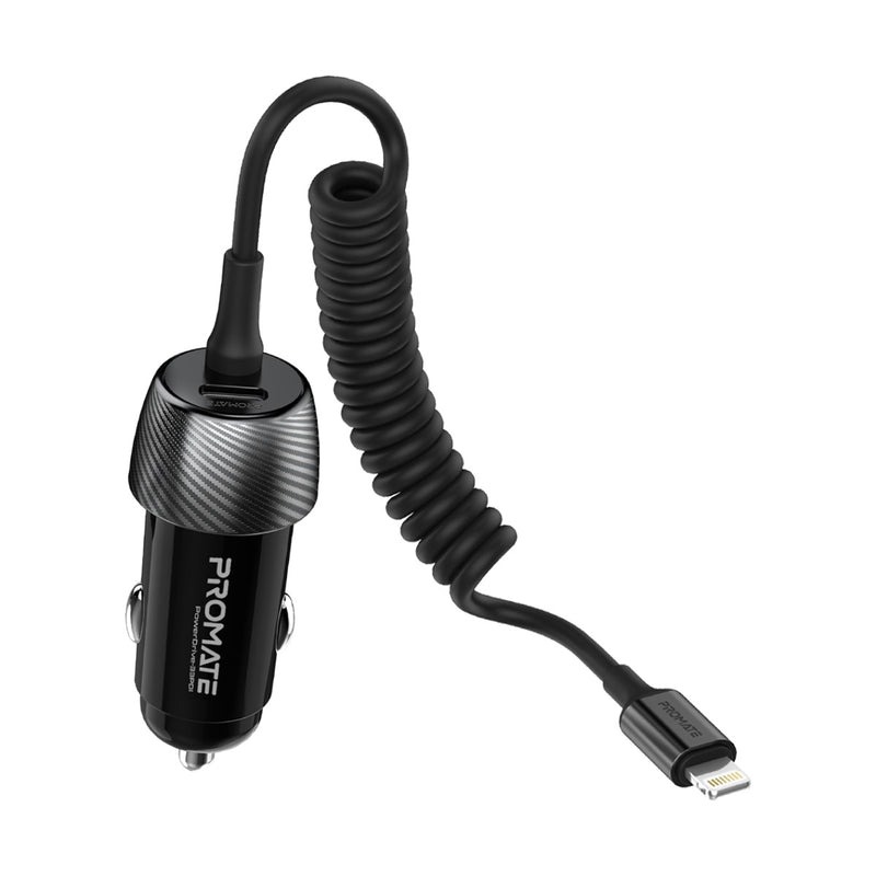 Promate 33W Quick Charging Car Charger with Lightning Connector Cable | Universal Compatibility | USB-C PD Charging Port | Heat Resistant | Sleek & Compact | 2 Years Warranty | PowerDrive-33PDI |
