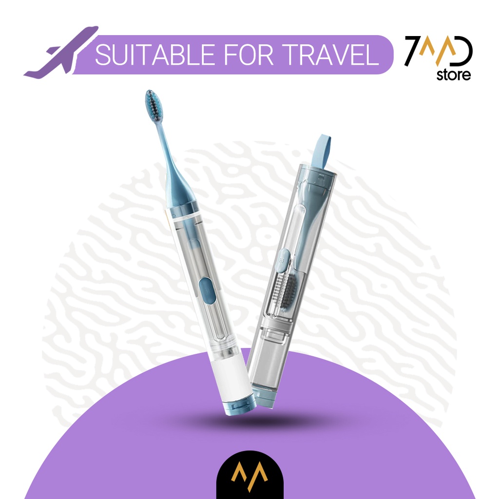 7MD Travel Toothbrush with a Builtin Case for Toothpaste, Folding Handle, Soft Bristle, Blue Color