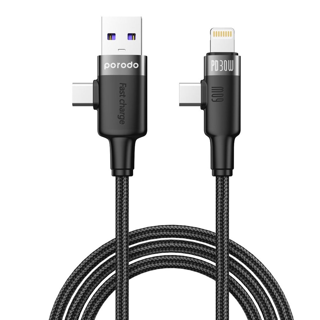 Porodo Dual Connector Braided 60W USB-A/USB-C to USB-C & Lightning Fast Charging Cable 1M | PD-AC2CLC-BK |
