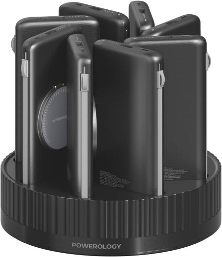 Powerology 8 في 1 بنك طاقة بسعة 10000mAh مع شحن PD20W السريع وكابلات مدمجة من نوع Type-C وLightning |PPBCHA2681BK|