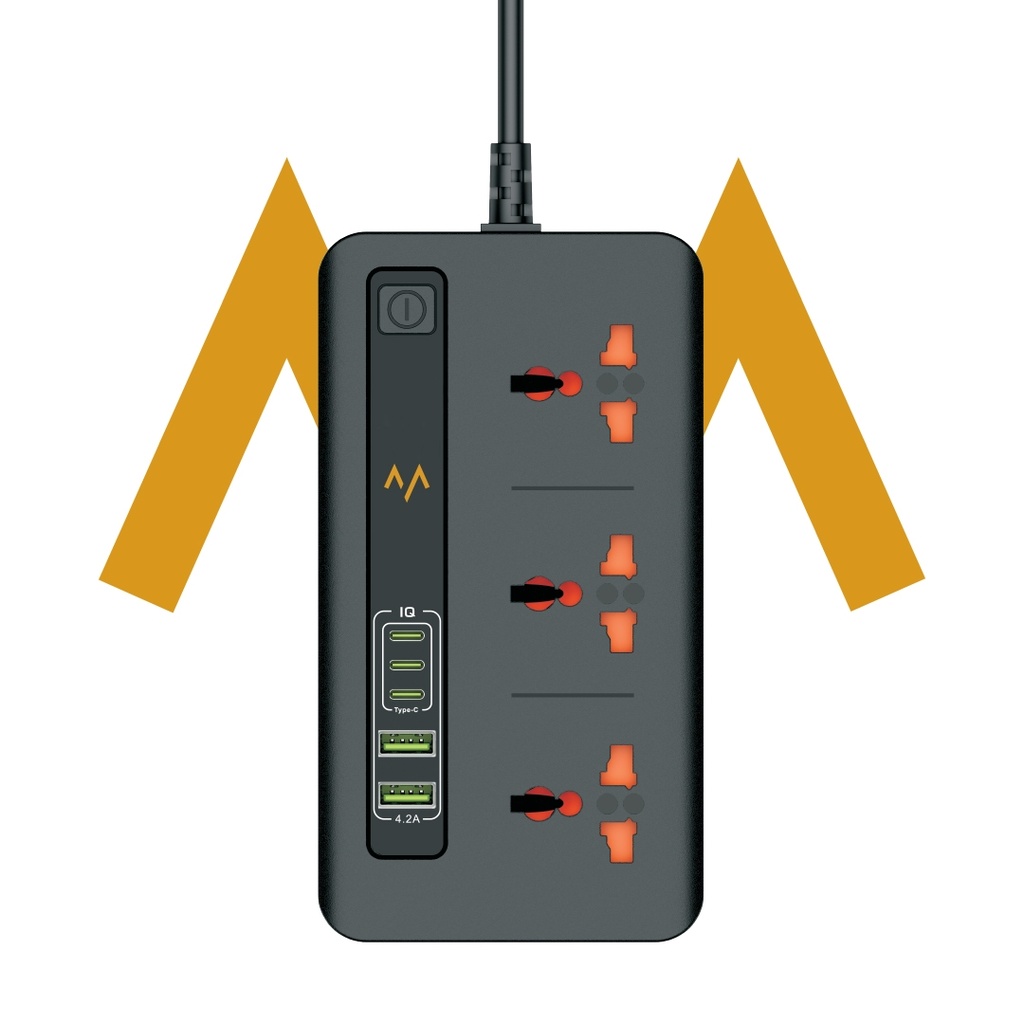  المحول الثلاثي | محول ثلاثي المنافذ من 7MD بقوة 3000 واط مزود بمنفذين USB و 3 منافذ Type-C للشحن السريع | 7MD04 |
