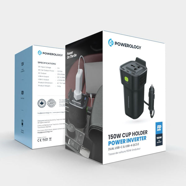 Powerology 150W Cup Holder Power Inverter | P150INVBK |