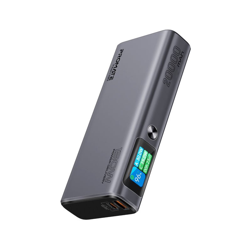 Promate 20,000mAh, 130W Multi-Port Power Delivery Power Bank with TFT LCD Screen | Titan-130 |