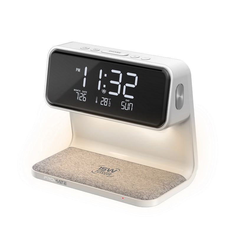 Promate Multi-Function LED Alarm Clock with 15W Wireless Charger, Night Light Modes, Alarm & Snooze Functions | Lumix-15W |