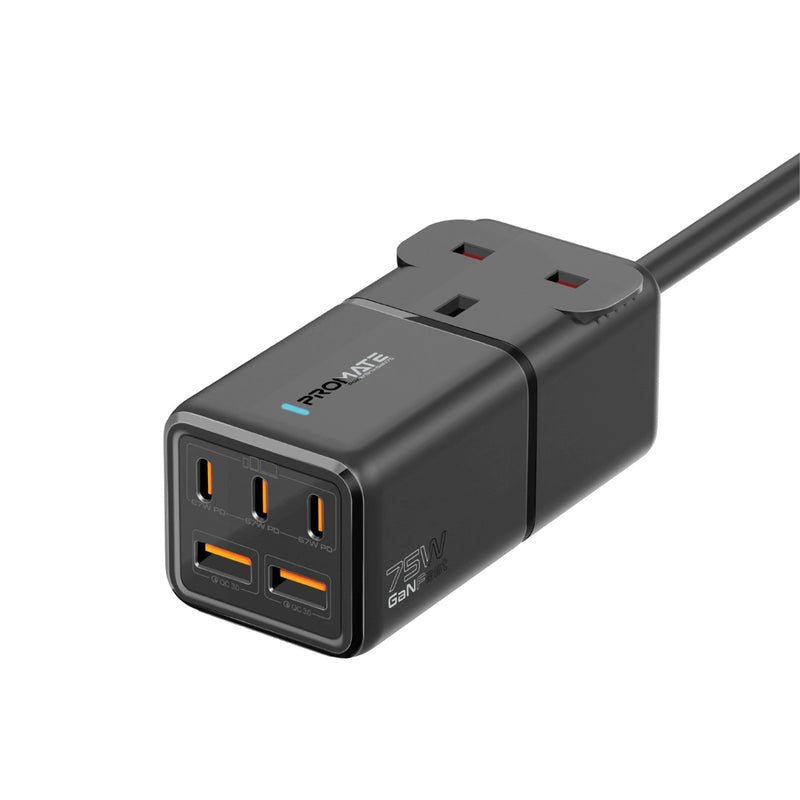 Promate Compact 75W GaNFast Multi-Port Power Strip with AC Socket | PowerBrix-GaN75 |