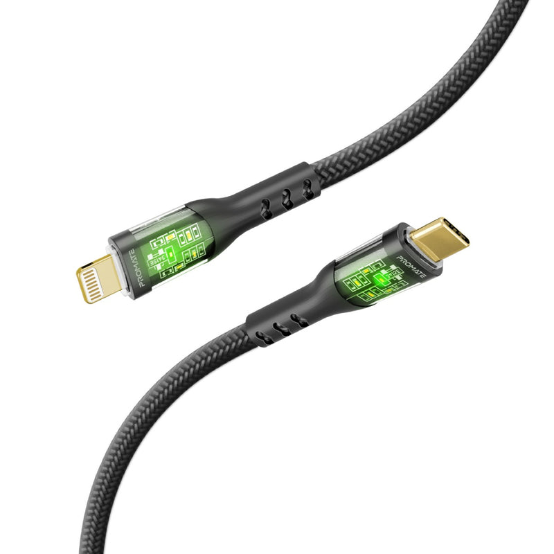 Promate 27W Power Delivery USB-C to Lightning Cable with Transparent Shells | TransLine-Ci |