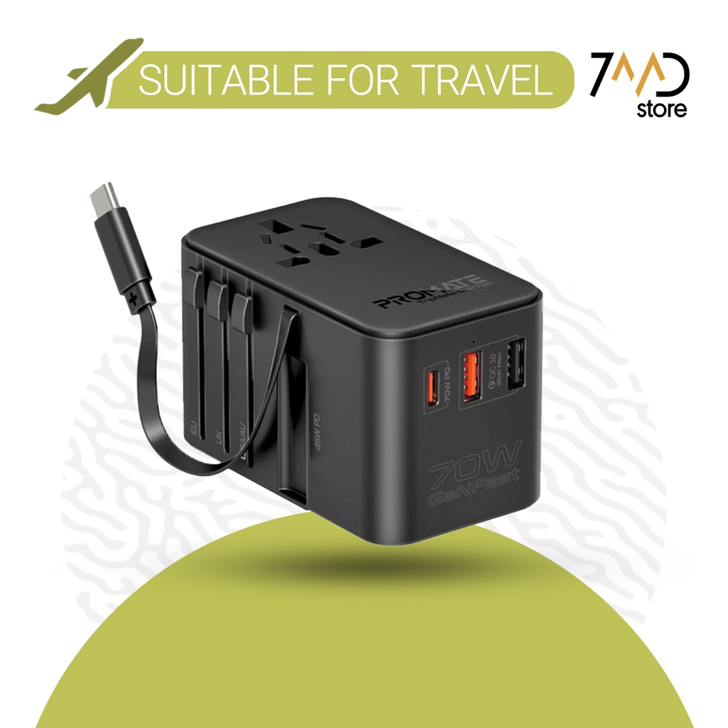 محول جداري مناسب للسفر بقوة 70 واط من بروميت - بكيبل USB-C مدمج وقابل للسحب وشحن متعدد المنافذ | TripMate-GaN70R |