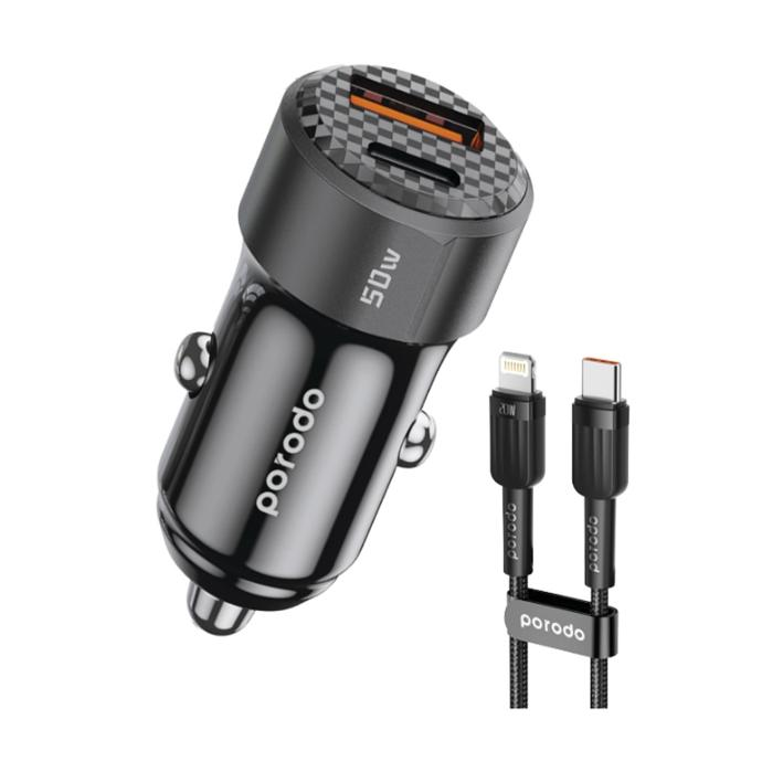 Porodo 50W Dual Port Car Charger PD 20W QC 30W with C to L Cable - Black | PD-CC50WL-BK |