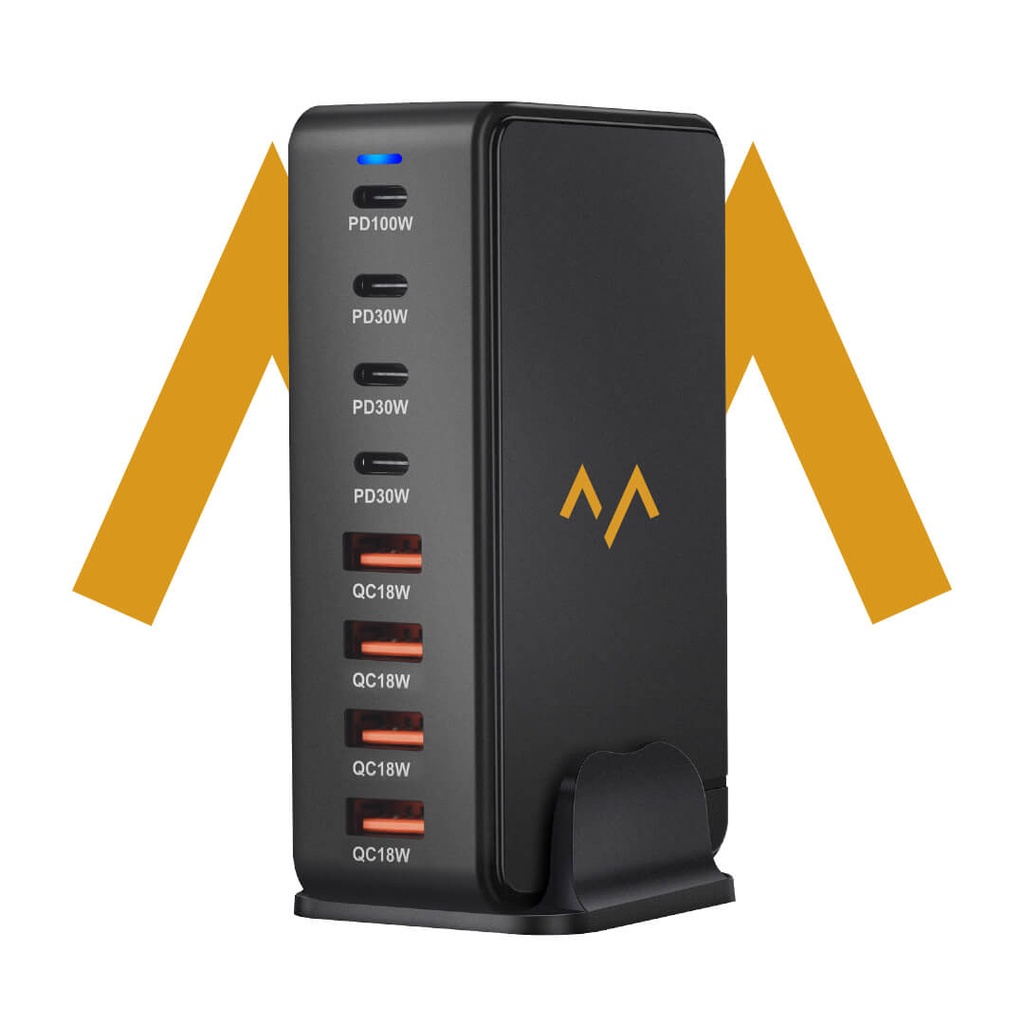 اشحني | محطة شحن من حمد ستور بقوة 240 واط بـ 4 منافذ USB و 4 منافذ TYPE-C مع خاصية Gan للشحن الذكي     