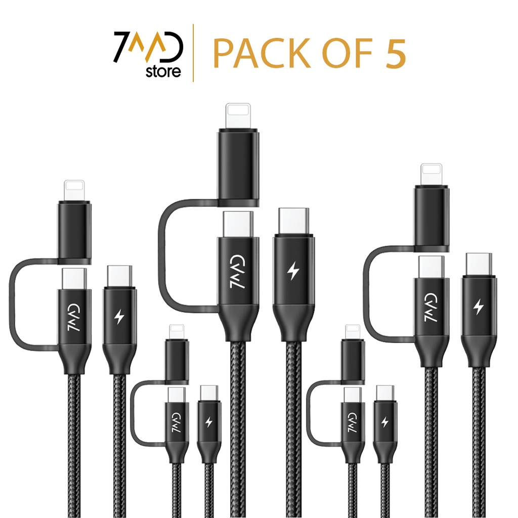 مجموعة 5 في 1 من 7MD | عدد 5 من الصاحب | كابل بيانات 2 في 1 كابل USB C إلى USB C + USB C إلى Lightning | شحن سريع ونقل مستقر للبيانات | مرن وقوي | توافق واسع | آمن وموثوق | جودة ممتازة | ضمان سنتين | 7MD-P03CC |     