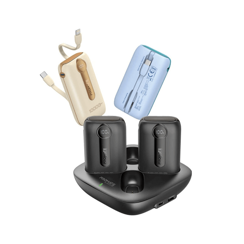 Promate 4-Piece 10000mAh Power Bank Charging Set with In-Built USB-C and Lightning Cables | Quatro-10 |
