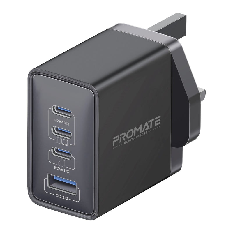 Promate Next Gen GaNFast 67W Multi-Device Quick Charger 3.0 with Fast Charging & Safety Features |GaNPort4-67PD|