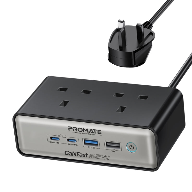 محطة الشحن Promate بقوة 65 واط GaNFast 6 في 1 مع تقنية Power Delivery ومقبس AC مزدوج بقوة 3250 واط، مثالية للاستخدام في المنزل والسفر |PowerBrix2-GaN65|