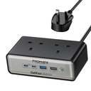 Promate 65W GaNFast 6-in-1 Power Delivery Charging Station with 3250W Dual AC Socket Perfect for Home & Travel |PowerBrix2-GaN65|