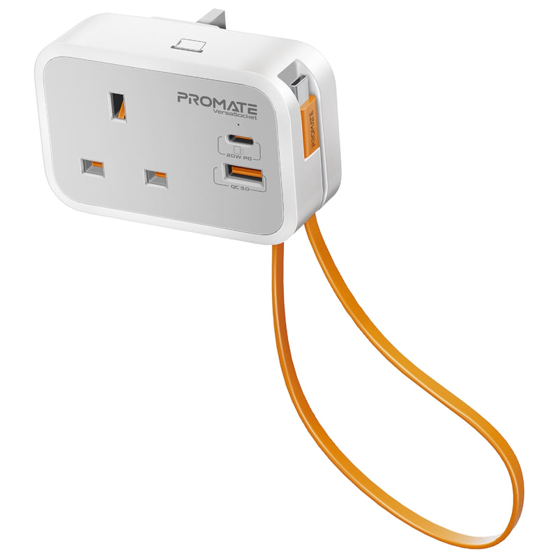  شاحن بريزة متعدد الوظائف من Promate VersaSocket مع كابل USB-C PD مدمج بقوة 20 واط | VersaSocket |