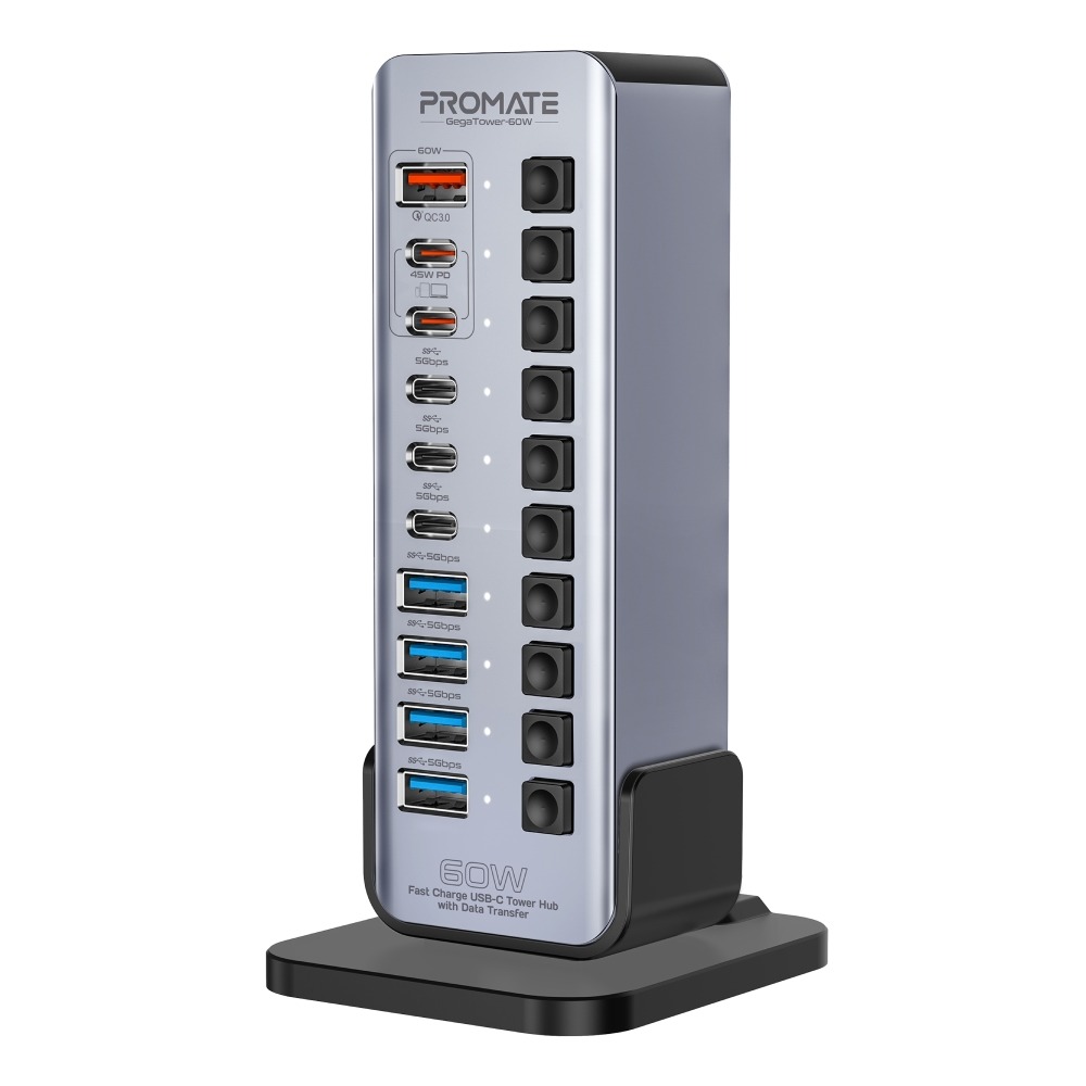 Promate 14 in 1 Fast Charge Multi Port Tower Hub 5 gbps Data Transfer UK Plug 60W Output |GegaTower-60W|
