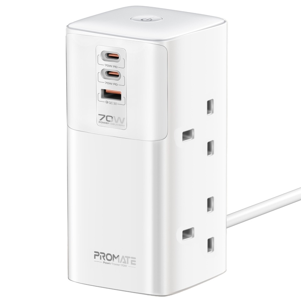 Promate 70W 7 in 1 Fireproof Multi Port Charging Station With 2500W Quad AC Sockets |PowerTower-70W|