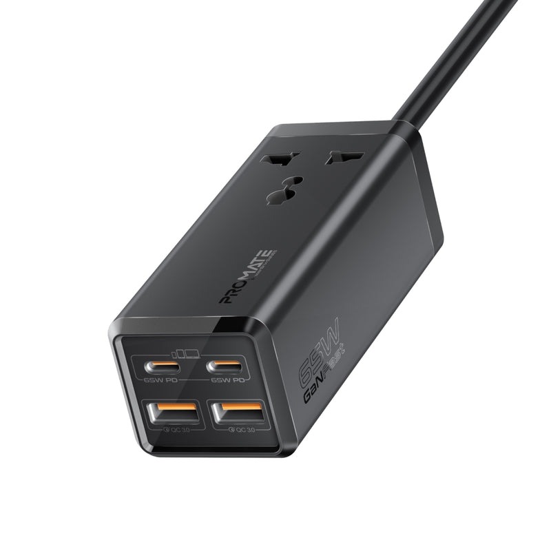 شريط توزيع الطاقة متعدد المنافذ بقوة 65 واط من Promate بتقنية GaNFast مع مقبس عالمي | PowerBrix-GaN65 |