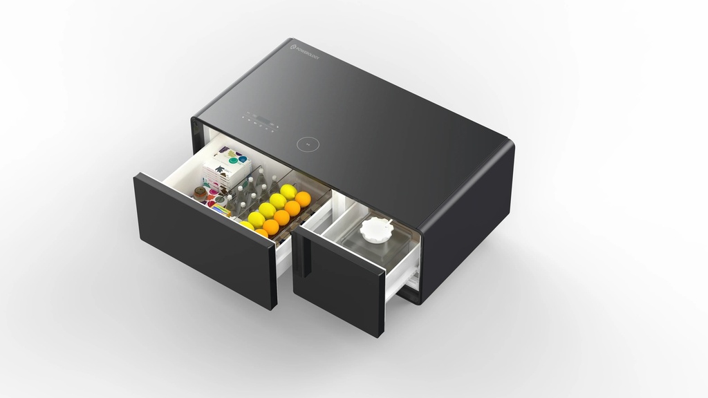 طاولة القهوة Powerology 93L مع سطح زجاجي، شحن لاسلكي، تحكم باللمس LED، ومكبرات صوت بلوتوث HiFi |P93CTFBK|