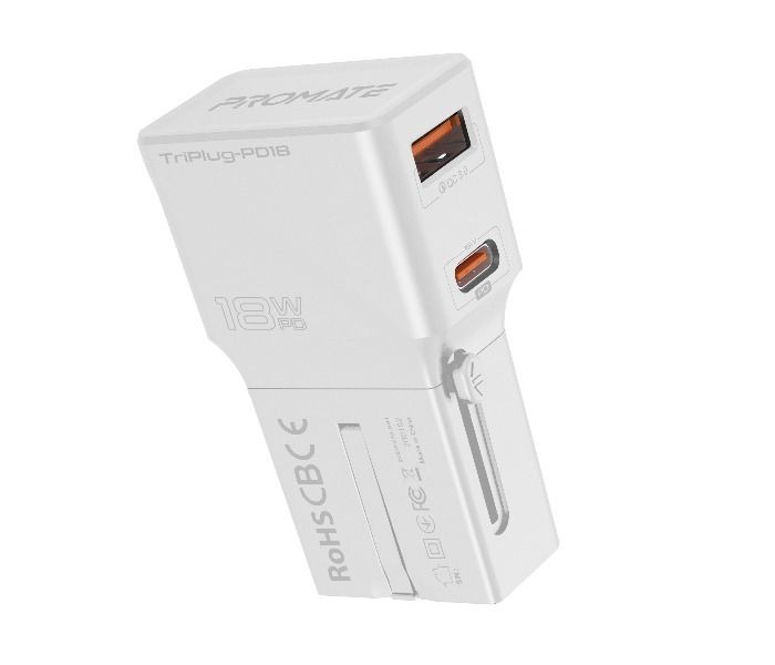Promate Sleek Universal Power Plug مع تقنية Power Delivery بقوة 18 واط وشحن سريع | TriPlug-PD18
