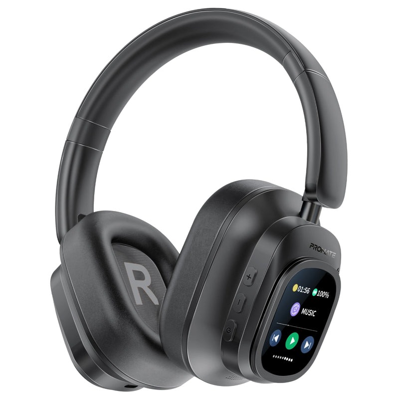 Promate High Fidelity Hybrid ANC Over Ear Stereo Wireless Headphones with Detachable Magnetic LCD Touch Screen Controller |VuTune|
