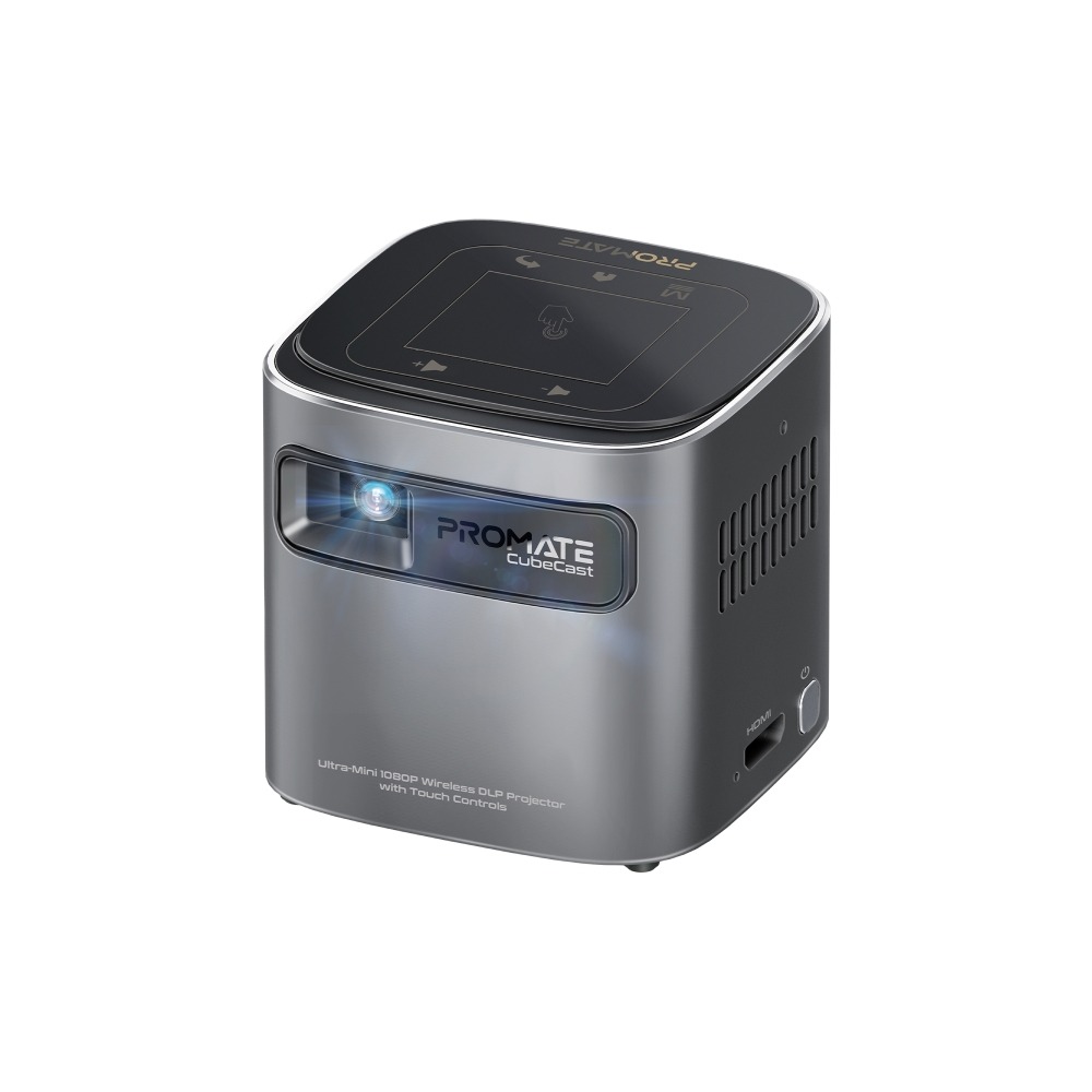 بروجكتور Promate Ultra Mini 1080P القابل لإعادة الشحن مع التحكم باللمس العمودي التلقائي، لاسلكي بتقنية DLP |CubeCast|