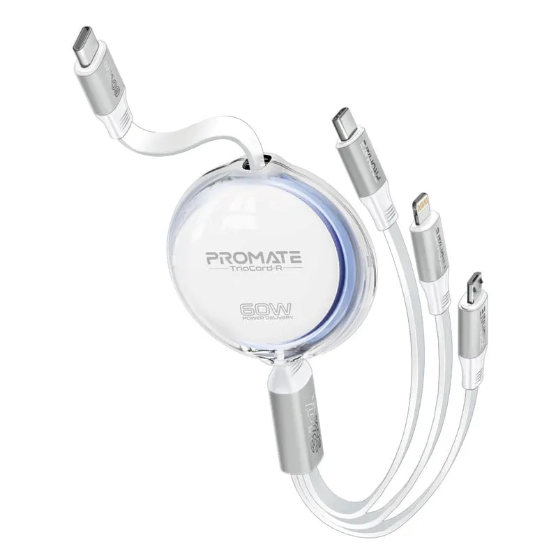 Promate 3 in 1 Long Bend Tangle Free Ultra Fast Retractable Multi Connector Soft Cable |TrioCord-R|