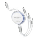 Promate 3 in 1 Long Bend Tangle Free Ultra Fast Retractable Multi Connector Soft Cable |TrioCord-R|