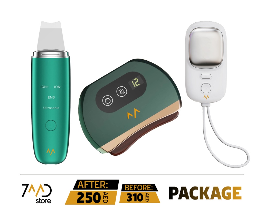 7MD Package Contains 1 x 7MD Rechargeable Mini Pocket Cooling Fan 1 x 7MD Facial Cleaning Device and 1 x 7MD Face & Skin Scrapping Board