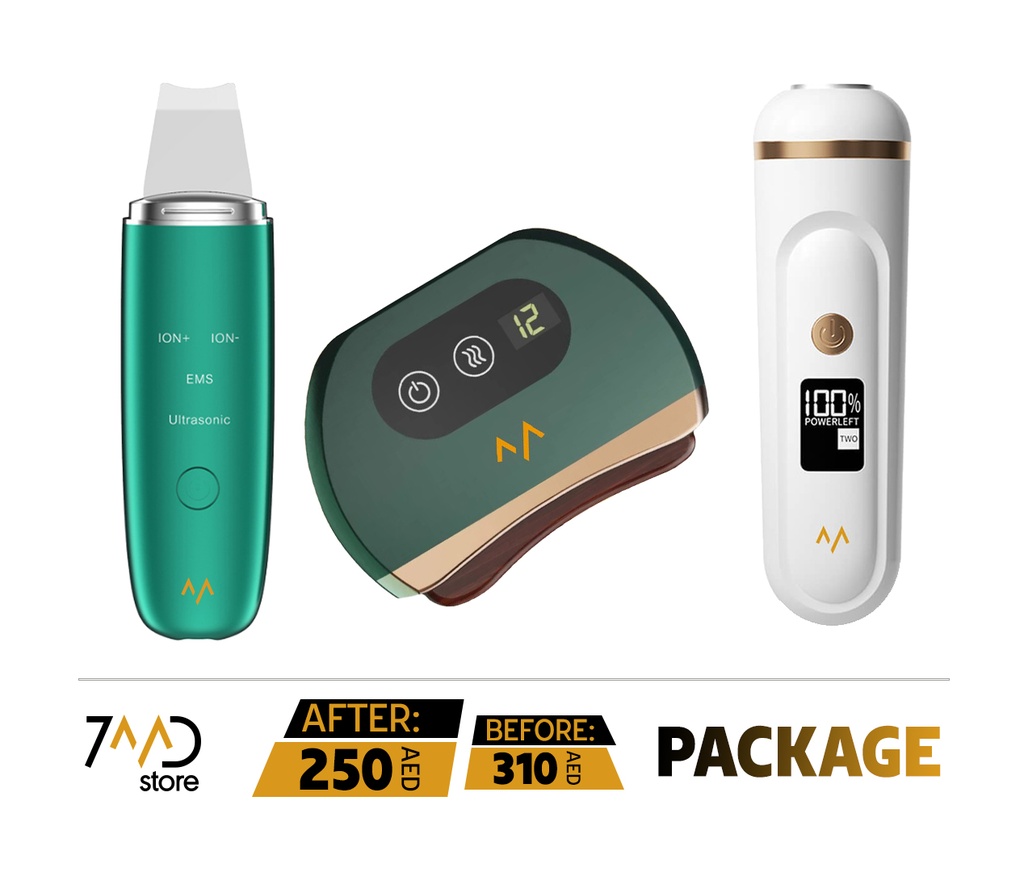 طرد 7MD يحتوي على 1 × جهاز إزالة الكالوس 7MD، 1 × جهاز تنظيف الوجه 7MD، و 1 × لوح تقشير الوجه