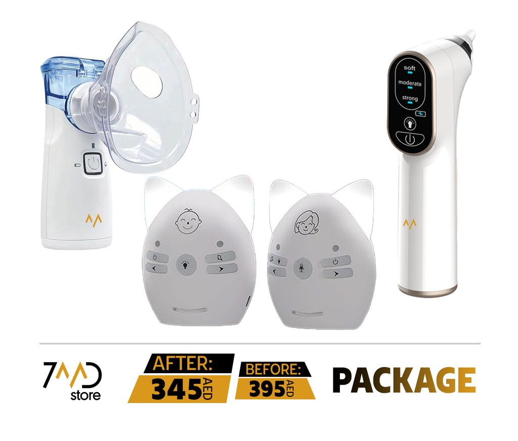 طرد 7MD يحتوي على 1 × جهاز استنشاق محمول 7MD، 1 × جهاز مراقبة صوتي لاسلكي للأطفال 7MD، و 1 × جهاز شفط أنف كهربائي قابل لإعادة الشحن 7MD.