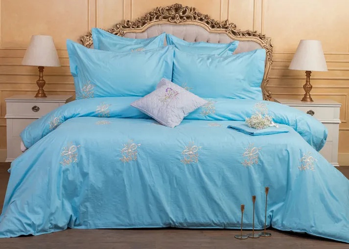 Glinens Sea Moss 240x260cm Egyptian Cotton Bed Set 100% Percale 400 Thread Count Embroidered Duvet Cover Set Durable & Soft Touch Comfort - Blue