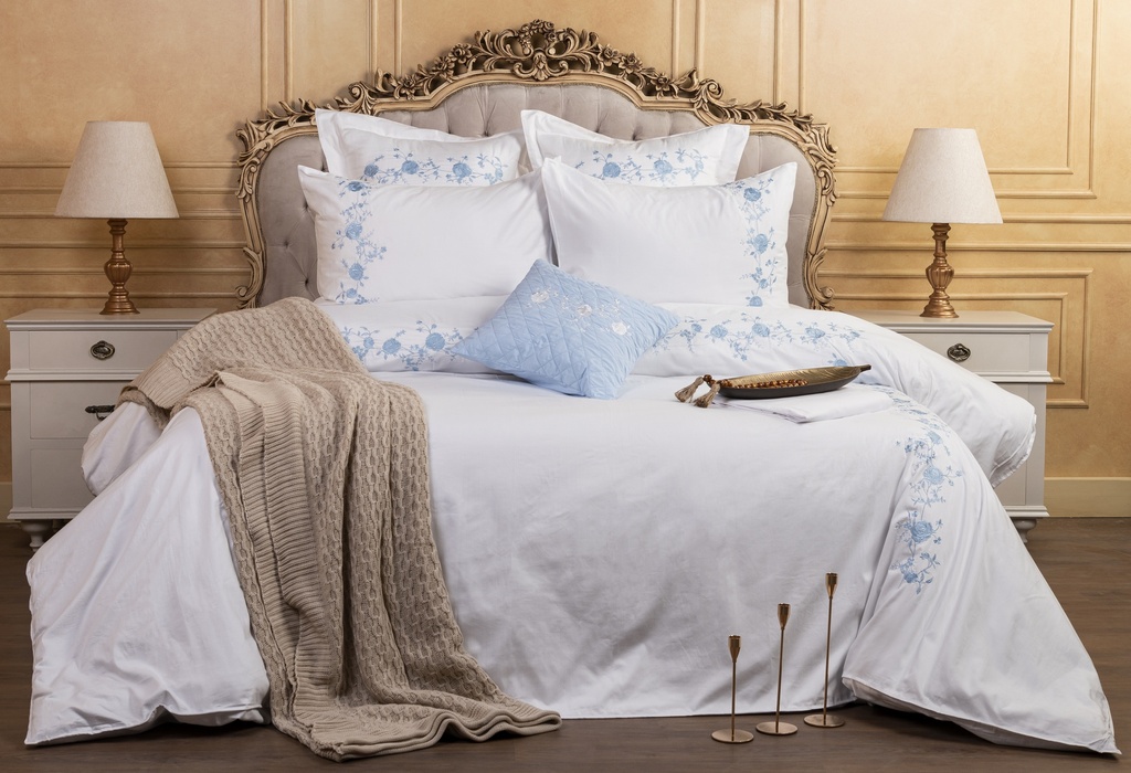 Glinens Modern Blooms 240x260cm Egyptian Cotton Bed Set 100% Percale 400 Thread Count Embroidered Duvet Cover Set Durable & Soft Touch Comfort - Blue