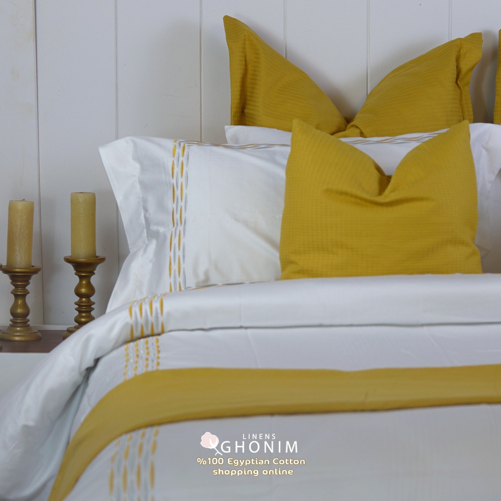 Glinens Line Bedding Set 240x260cm Egyptian Cotton Bed Set 100% Sateen 400 Thread Count Embroidered Duvet Cover Set Durable & Soft Touch Comfort - Mustarda
