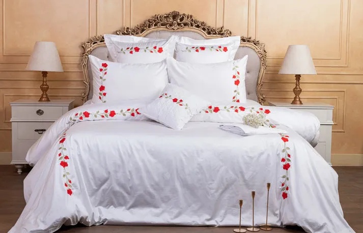 Glinens Red Love Flower 240x260cm طقم سرير قطن مصري 100% ساتين 600 خيط مطرز غطاء لحاف متين وناعم الملمس - أحمر