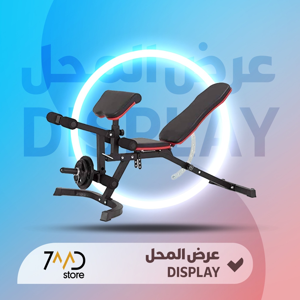 🚨 منتج مستخدم للعرض 🚨 مقعد تمارين قابل للطي والتعديل – معدات لياقة بدنية للمنزل – باللون الأسود مع تطريز أحمر – مثالي لتمارين القوة ورفع الأثقال 🚨 بدون كرتون 🚨 