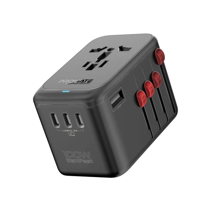 محول السفر متعدد المنافذ بقدرة 100 واط بتقنية GaNFast™ من Promate مع 4 منافذ USB-C PD ومنفذ USB-A QC 3.0 – توافق عالمي مع فتيل تلقائي إعادة الضبط ونظام حماية متكامل |TripMate-Gan100|