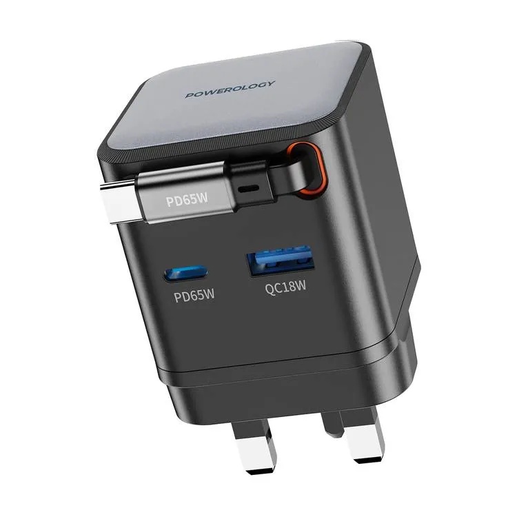 Powerology Dual Port Retractable GaN Charger 65W Fast Charging USB C & USB A Ports 3 Device Charging 75cm Retractable Cable Fireproof Design |PWC031||PWCUQC031|