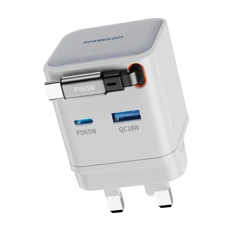 شاحن باورولوجي ثنائي المنافذ GaN القابل للسحب بقدرة 65 واط للشحن السريع - منافذ USB-C و USB-A لشحن 3 أجهزة مع كابل قابل للسحب بطول 75 سم وتصميم مقاوم للحريق | PWC031 || PWCUQC031 |