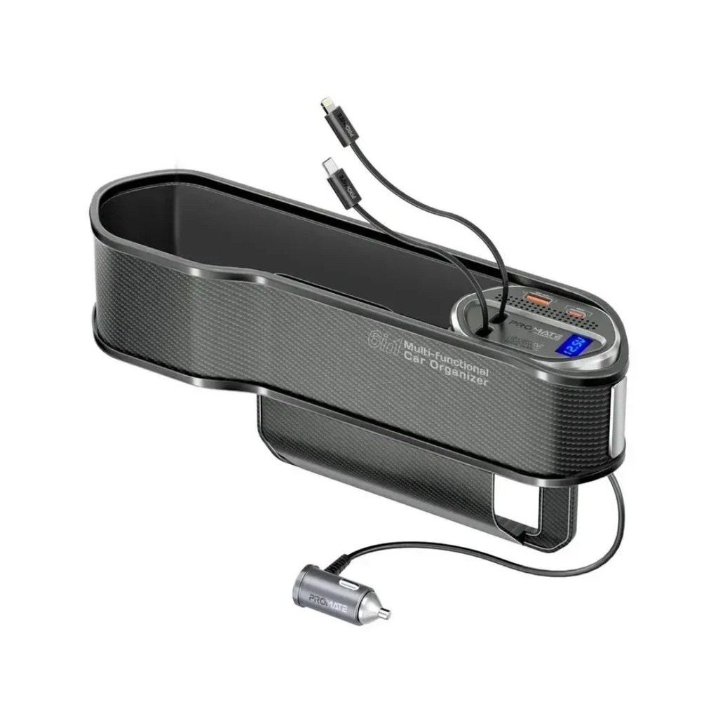 Promate 65W Multi-Functional Car Organizer and Charging Station with USB C & Lightning Retractable Cables |CarMate-RPD|