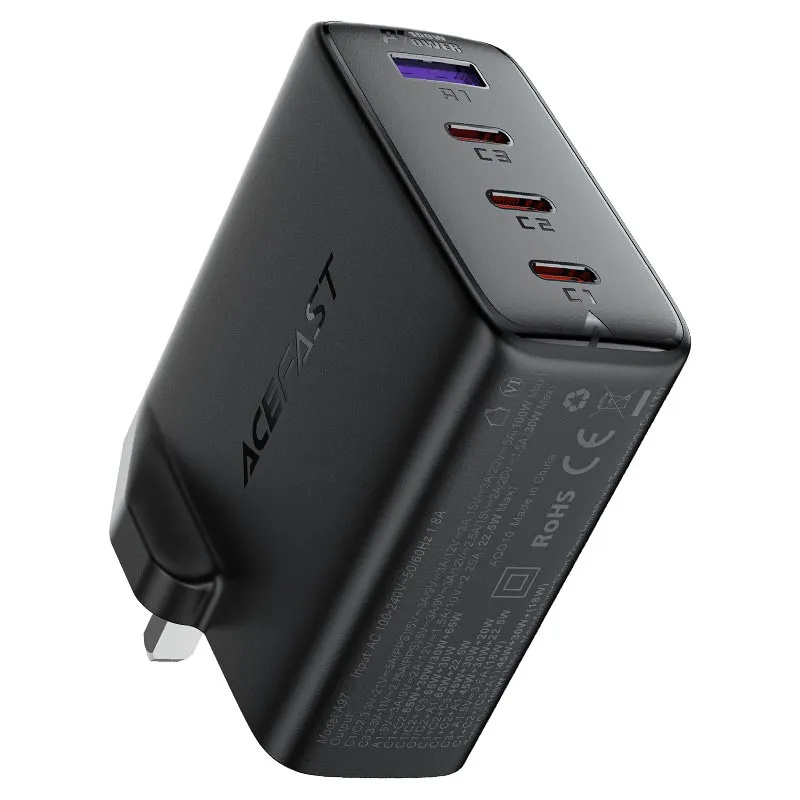 Acefast 100W GaN شاحن سريع مع 4 منافذ 3 USB-C و1 USB-A يدعم PD QC4+ لشحن عدة أجهزة بقابس UK |A97|