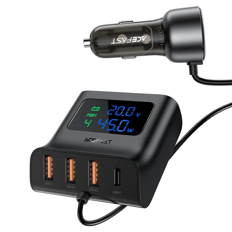 شاحن سيارة Acefast Fast IN بقوة 138 واط مع موزع منافذ، يحتوي على 2 منفذ USB-C و4 منافذ USB-A، مزود بشاشة رقمية وشحن ذكي للهواتف والأجهزة اللوحية وأجهزة اللاب توب |B11|