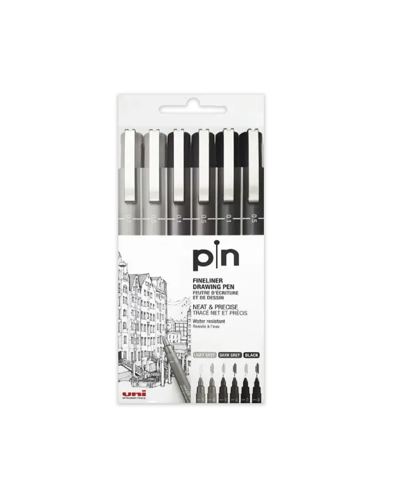 Ghaith and Qalby Etmaan Uni Pin Fine Liner 6 Piece Pigment Ink Drawing Writing Sketching Pens Set